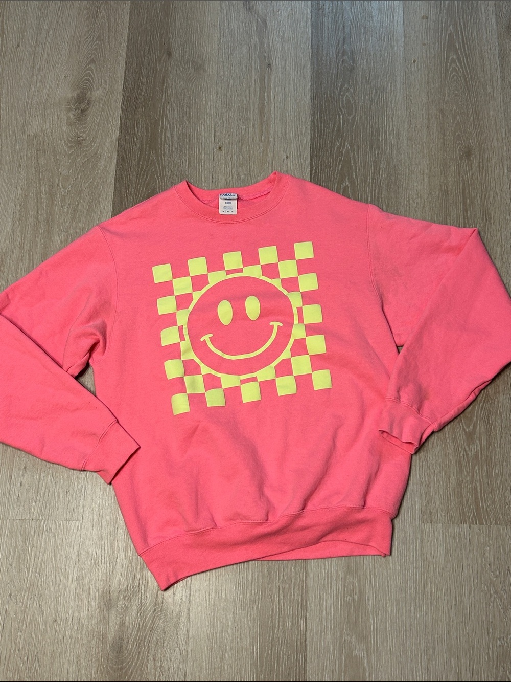 Port and Company Neon Smiley Checkered Crewneck Sweatshirt Sz Medium
